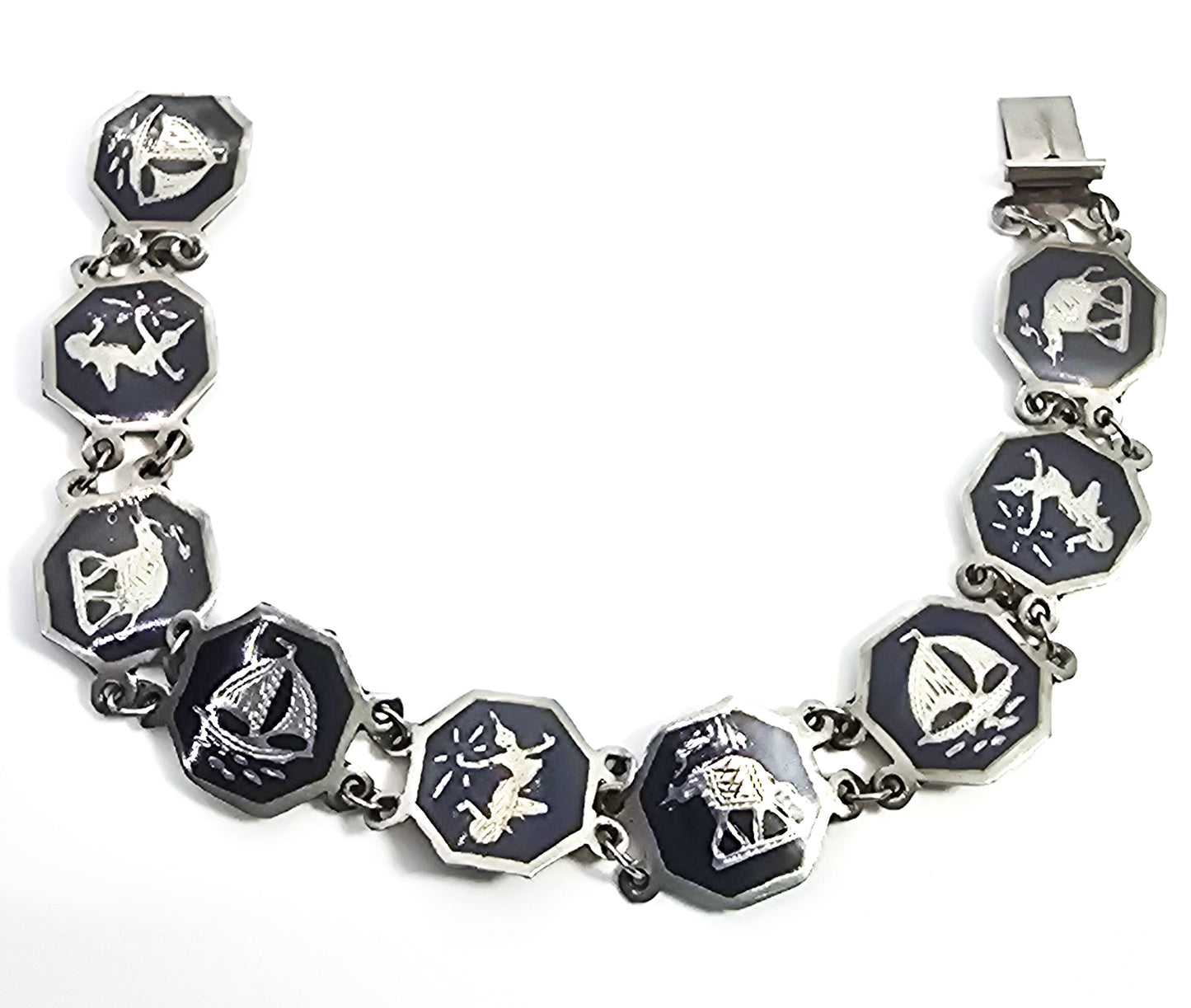 Siam Black Nielloware enamel Mekkala travel tourist vintage sterling silver bracelet