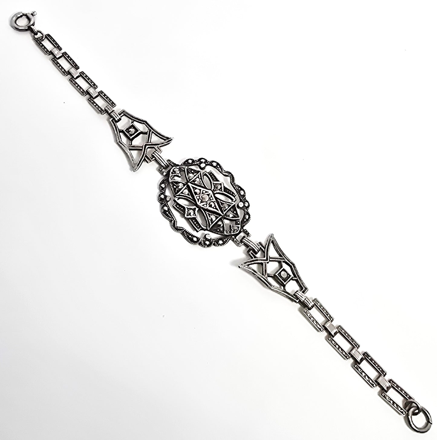 Antique German Marcasite open work antique Art Deco sterling silver 6 inch bracelet