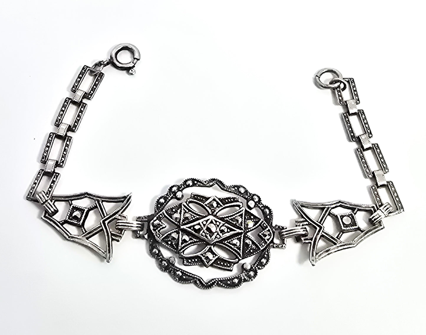 Antique German Marcasite open work antique Art Deco sterling silver 6 inch bracelet