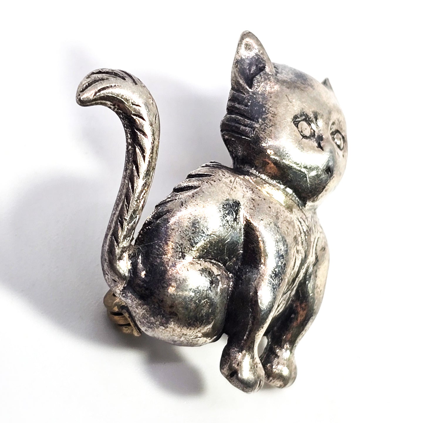 Jewel Art Kitty Cat sitting kitten vintage signed sterling silver feline brooch