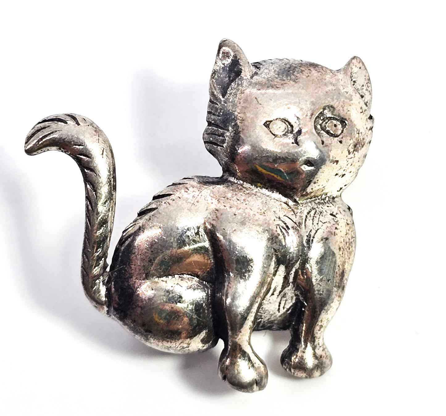Jewel Art Kitty Cat sitting kitten vintage signed sterling silver feline brooch