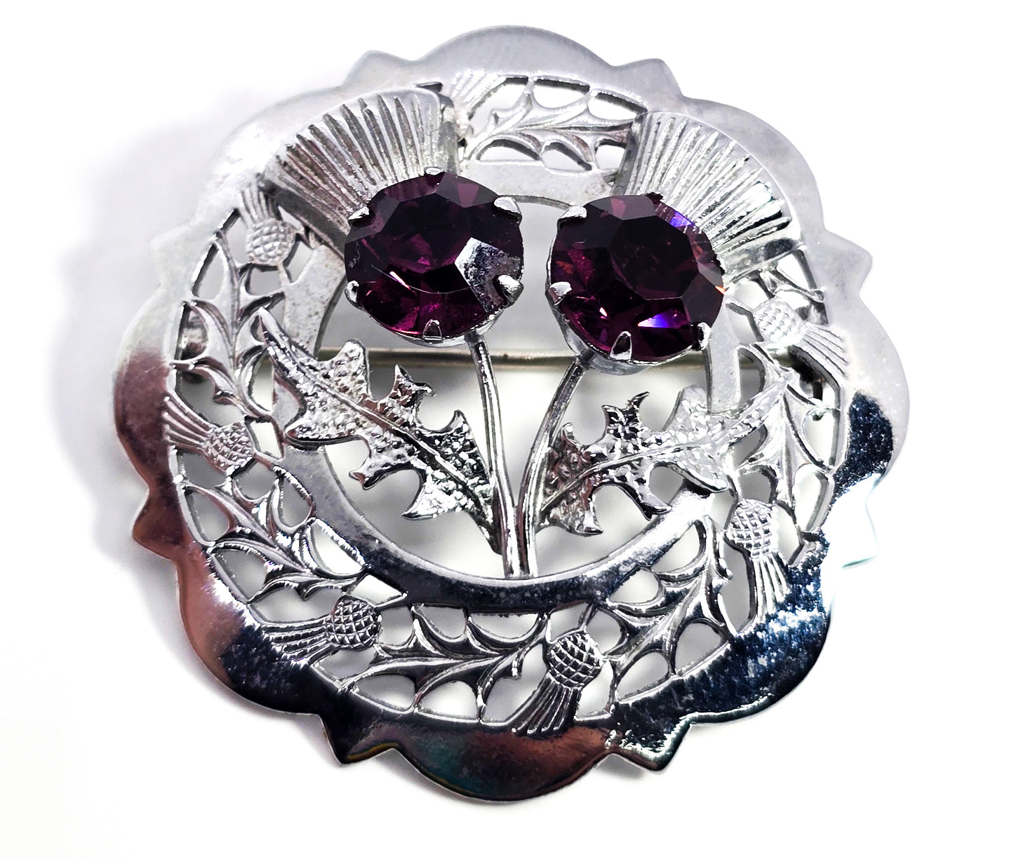 Mizpah miracle silver plated purple rhinestone vintage thistle brooch