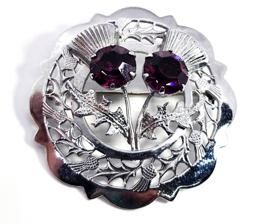 Mizpah miracle silver plated purple rhinestone vintage thistle brooch