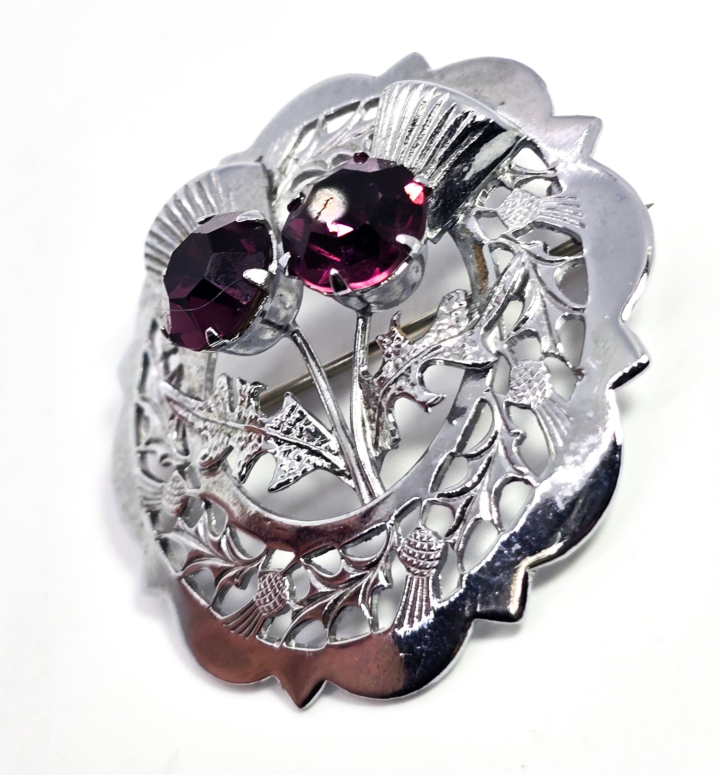 Mizpah miracle silver plated purple rhinestone vintage thistle brooch