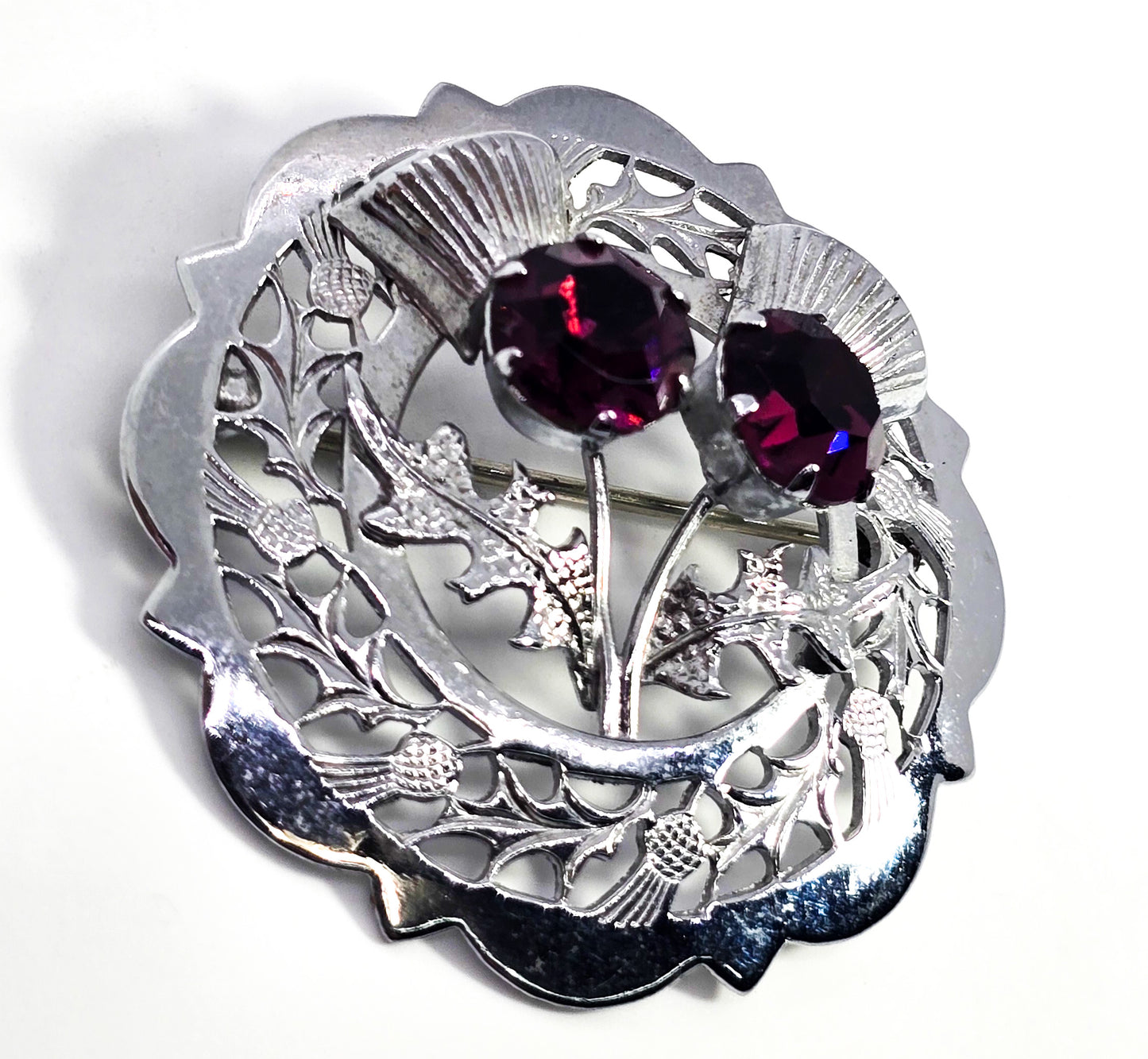Mizpah miracle silver plated purple rhinestone vintage thistle brooch