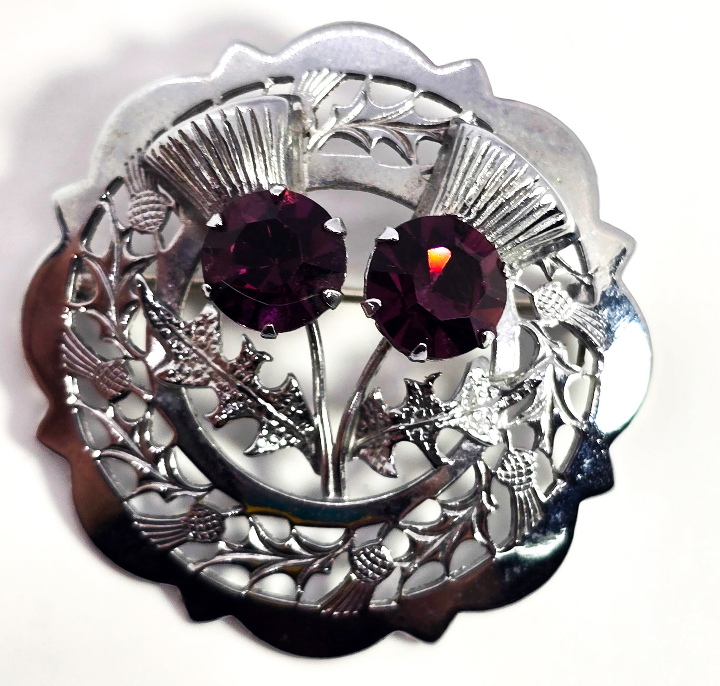 Mizpah miracle silver plated purple rhinestone vintage thistle brooch