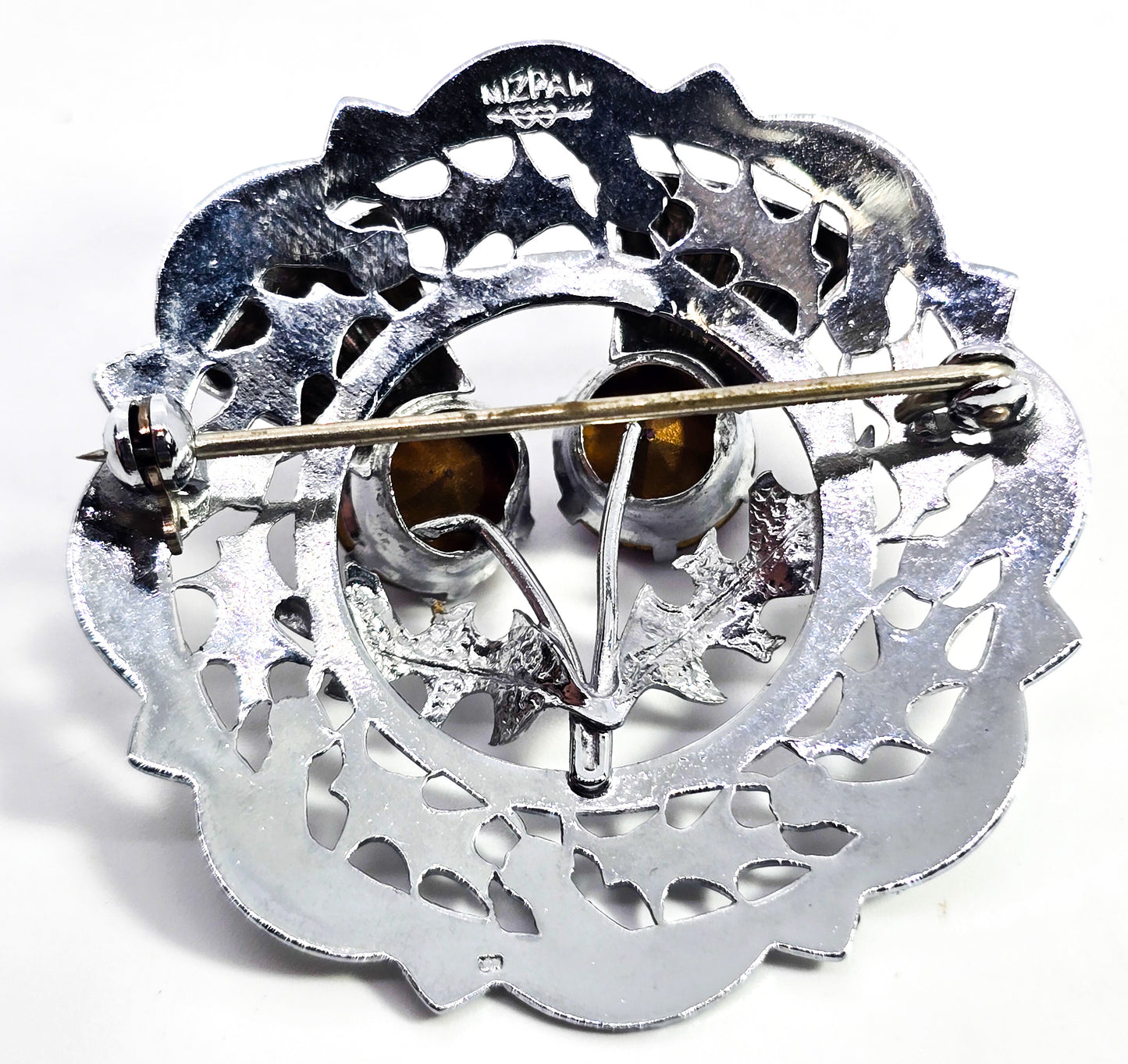 Mizpah miracle silver plated purple rhinestone vintage thistle brooch