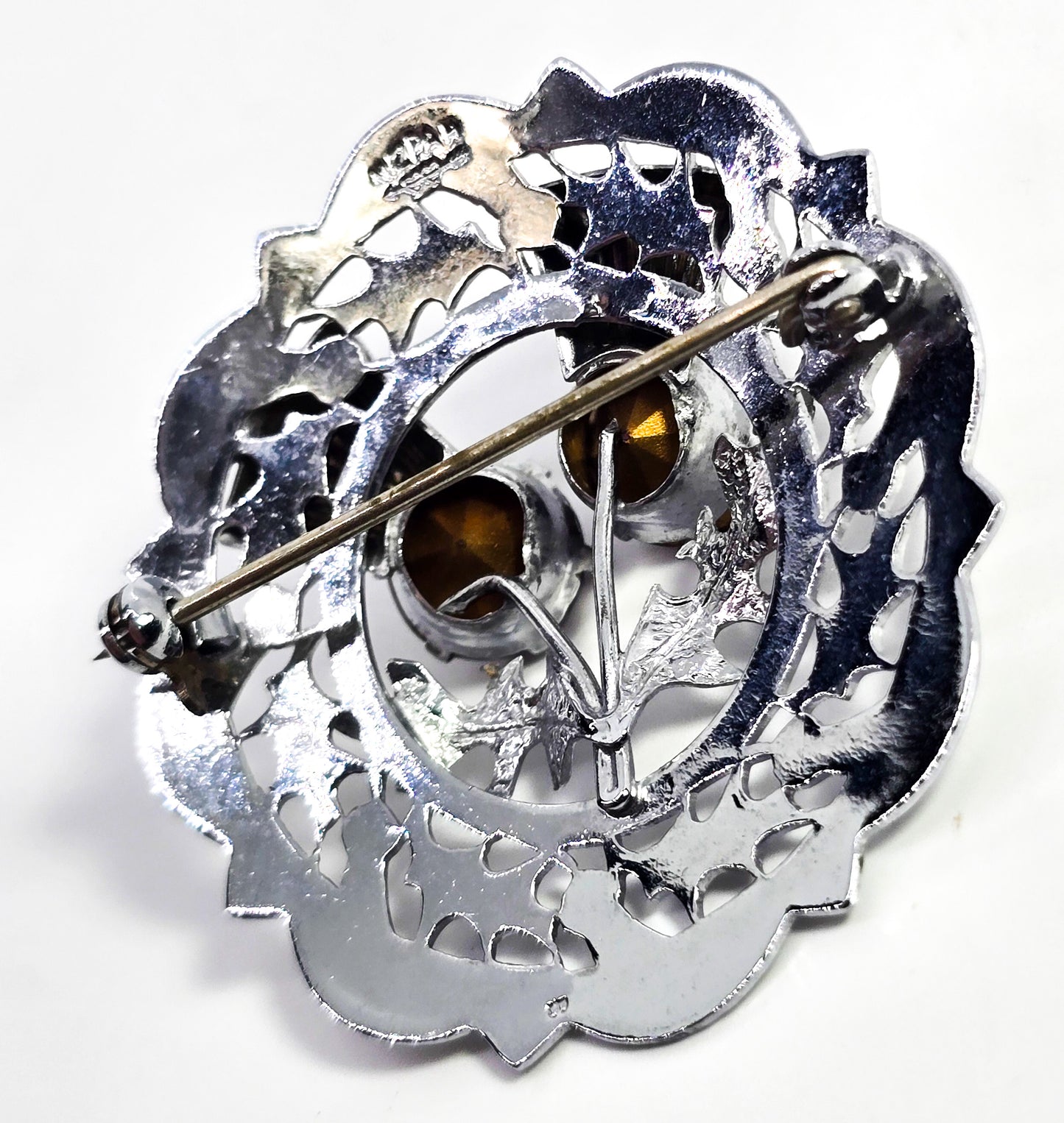 Mizpah miracle silver plated purple rhinestone vintage thistle brooch