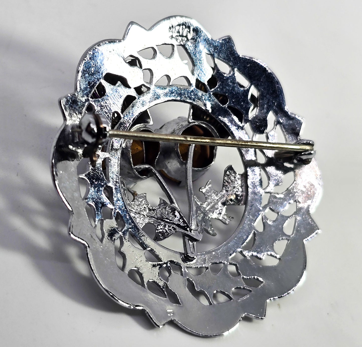 Mizpah miracle silver plated purple rhinestone vintage thistle brooch