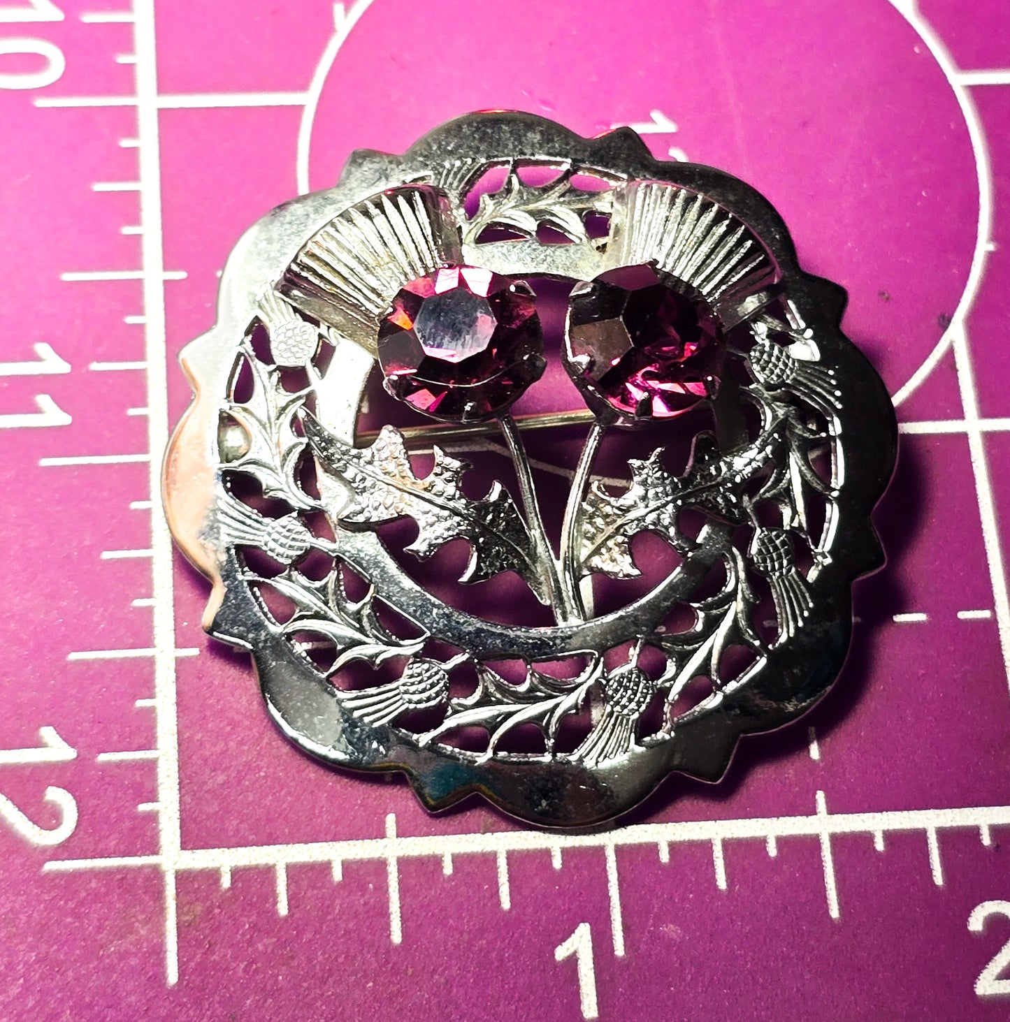 Mizpah miracle silver plated purple rhinestone vintage thistle brooch