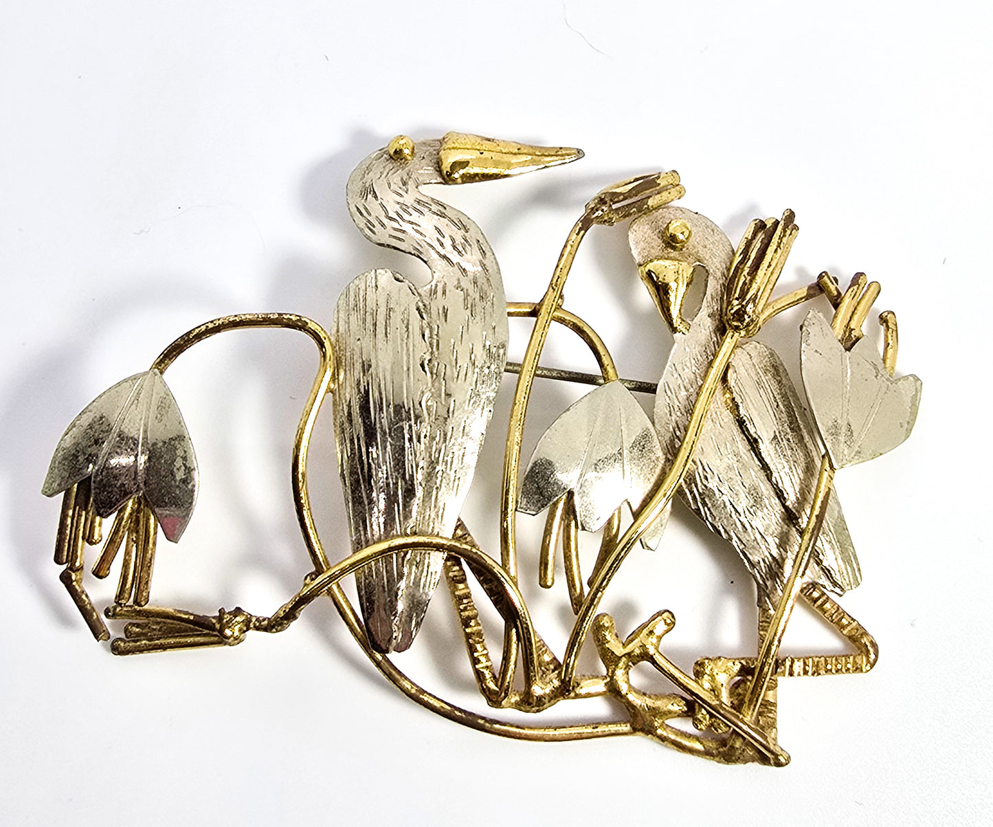 Birds in the marsh vintage mixed metals silver and gold plated figural brooch