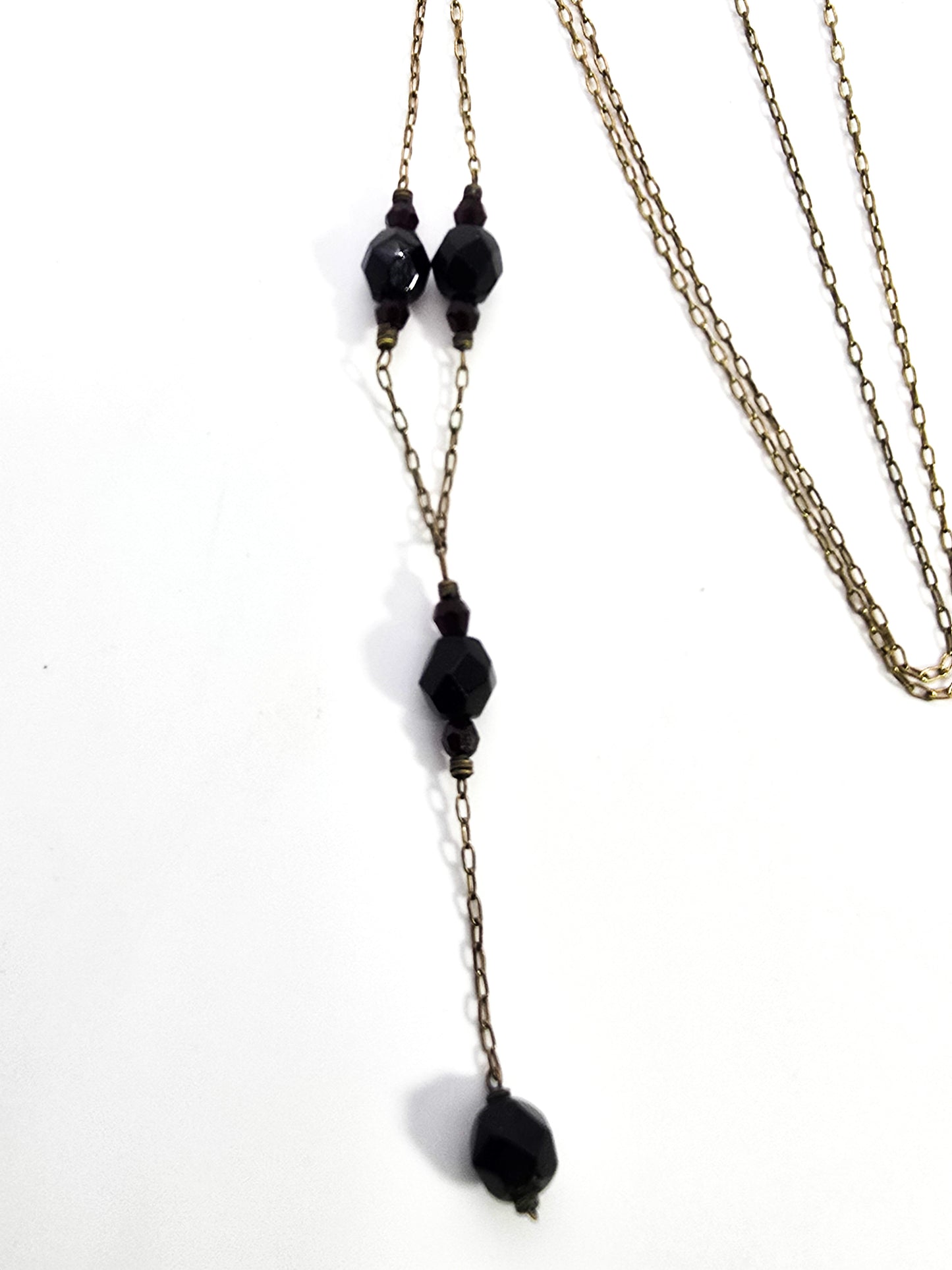 Deep red Czech glass beaded 14k yellow gold filled Y lariat necklace Krementz
