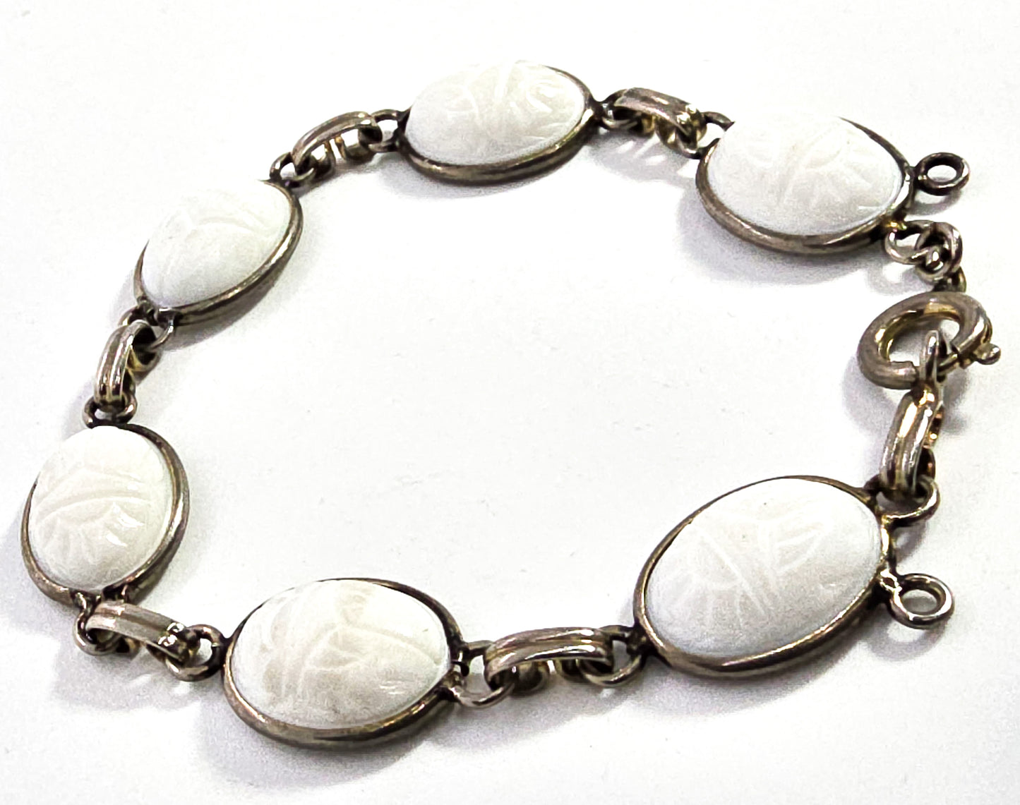 Egyptian Revival scarab beetle molded white glass vintage mid century bracelet