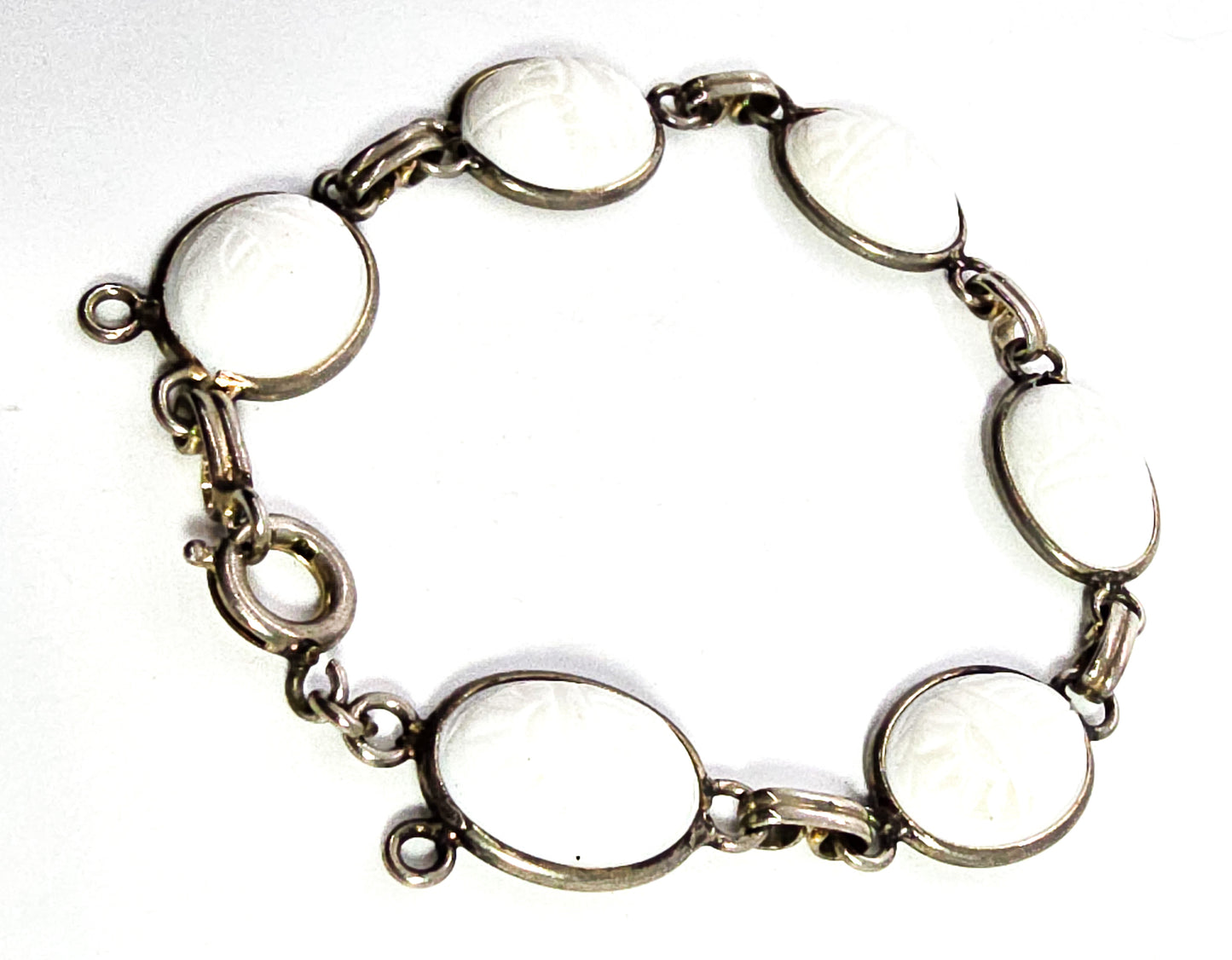 Egyptian Revival scarab beetle molded white glass vintage mid century bracelet