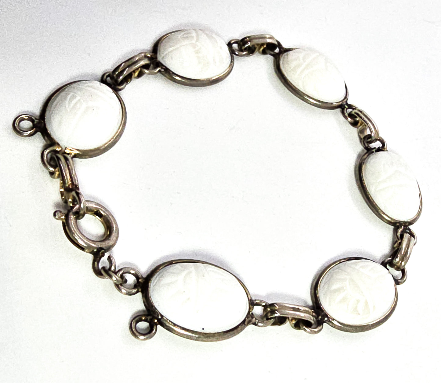 Egyptian Revival scarab beetle molded white glass vintage mid century bracelet