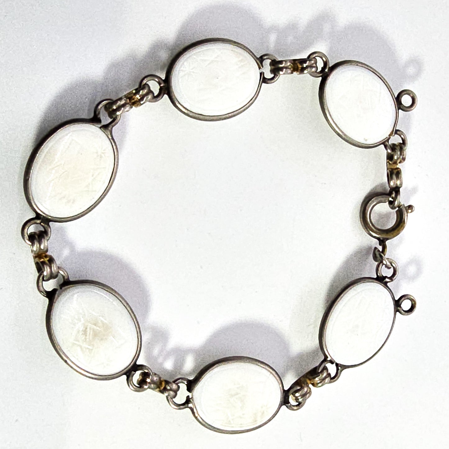 Egyptian Revival scarab beetle molded white glass vintage mid century bracelet