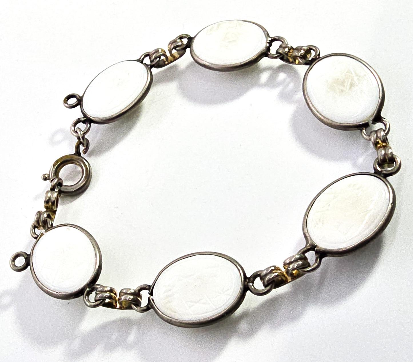 Egyptian Revival scarab beetle molded white glass vintage mid century bracelet