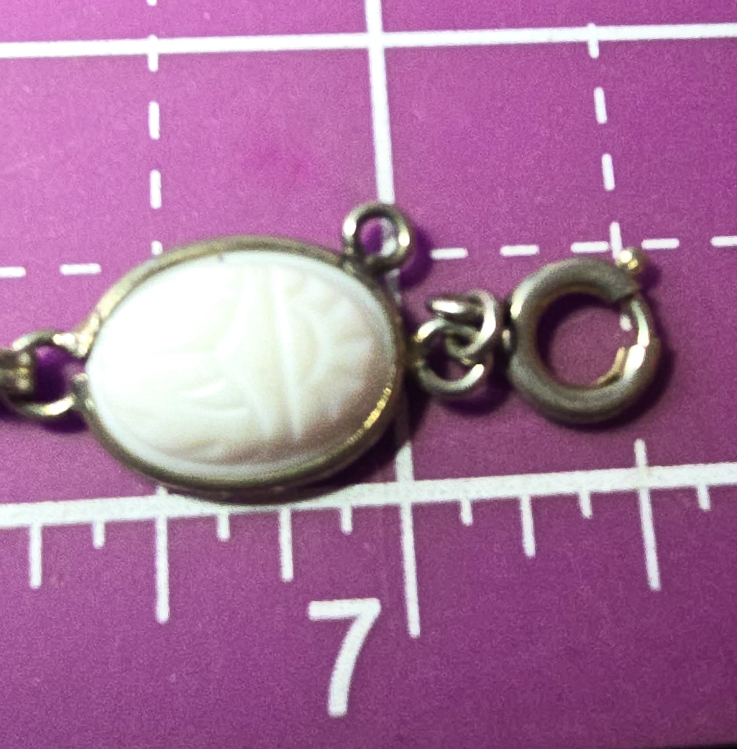 Egyptian Revival scarab beetle molded white glass vintage mid century bracelet