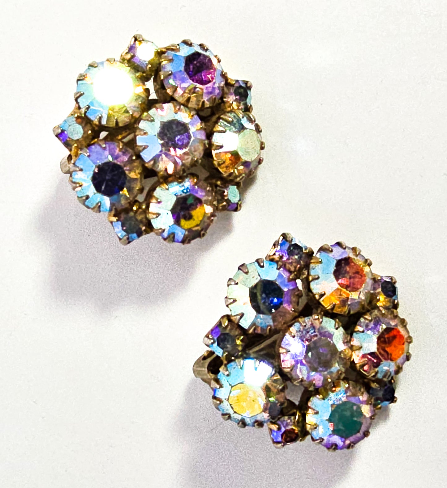 Rainbow flower cluster aroura borealis AB vintage rhinestone clip on earrings