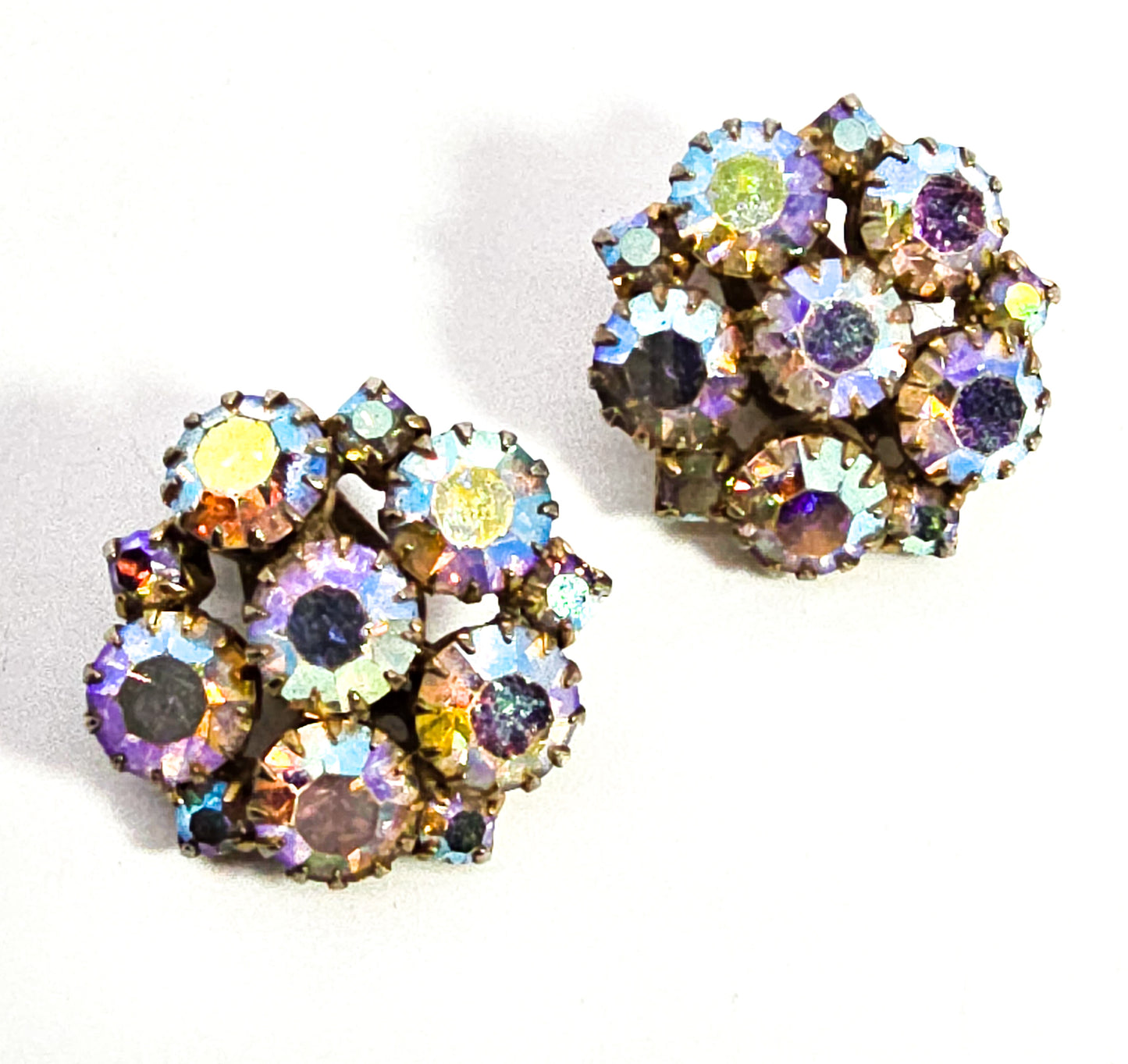 Rainbow flower cluster aroura borealis AB vintage rhinestone clip on earrings