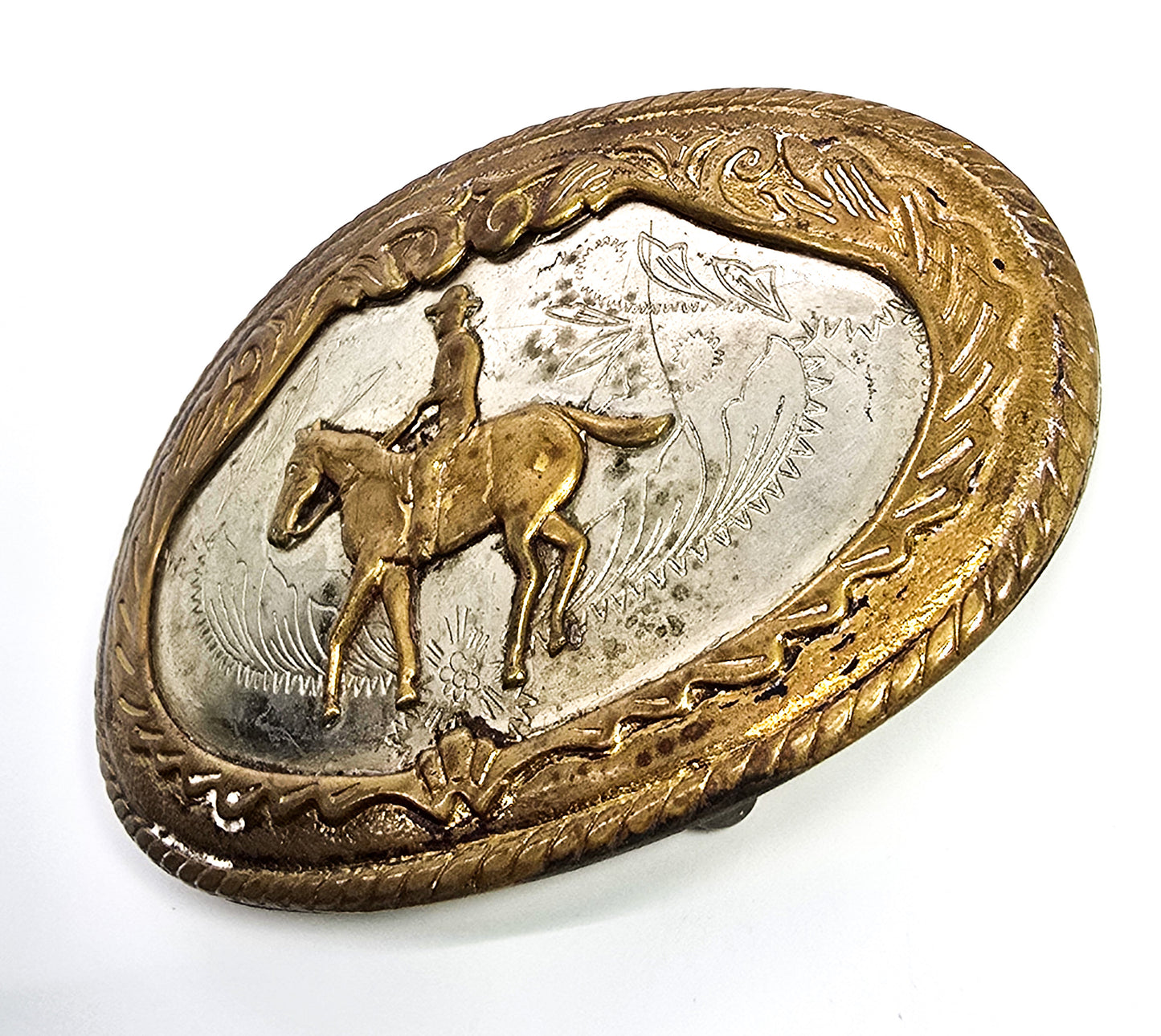 Comstock German Silver Rodeo cowboy horse vintage belt buckle