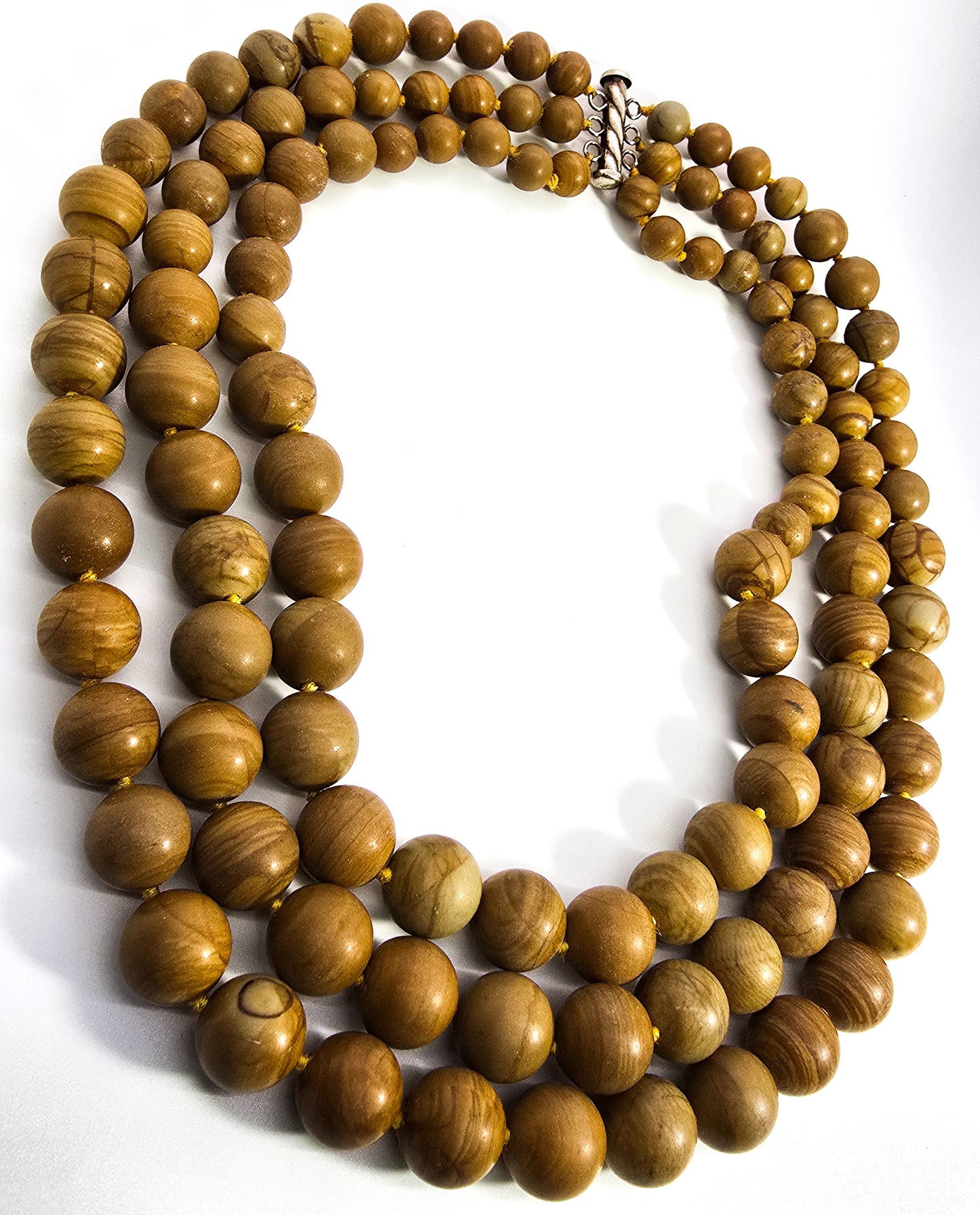 Petrified wood jasper beaded graduated three strand sterling silver necklace
