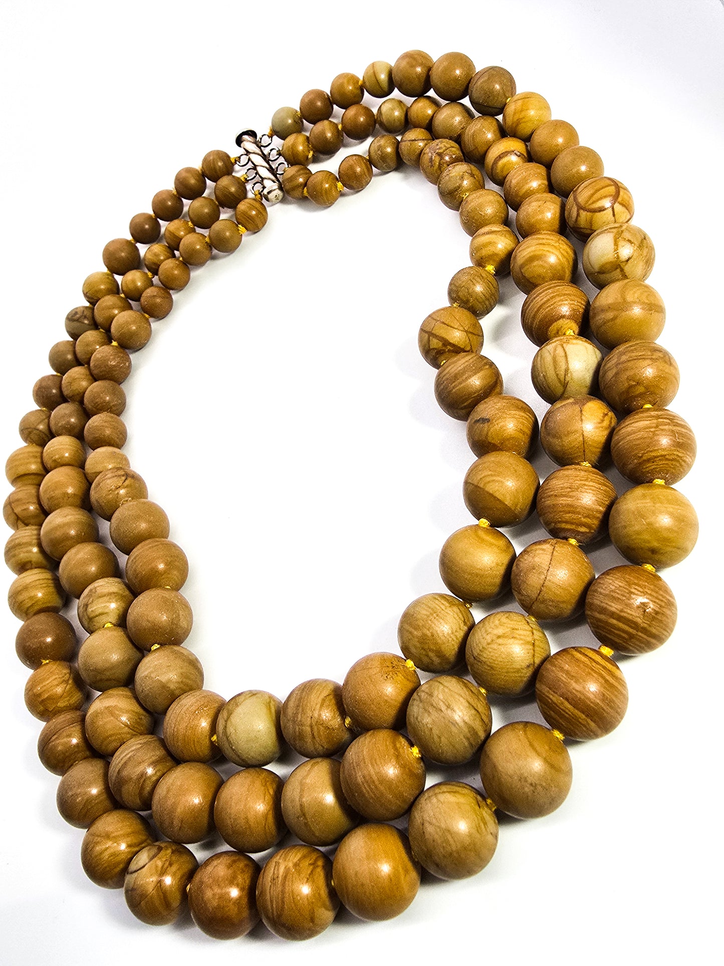 Petrified wood jasper beaded graduated three strand sterling silver necklace