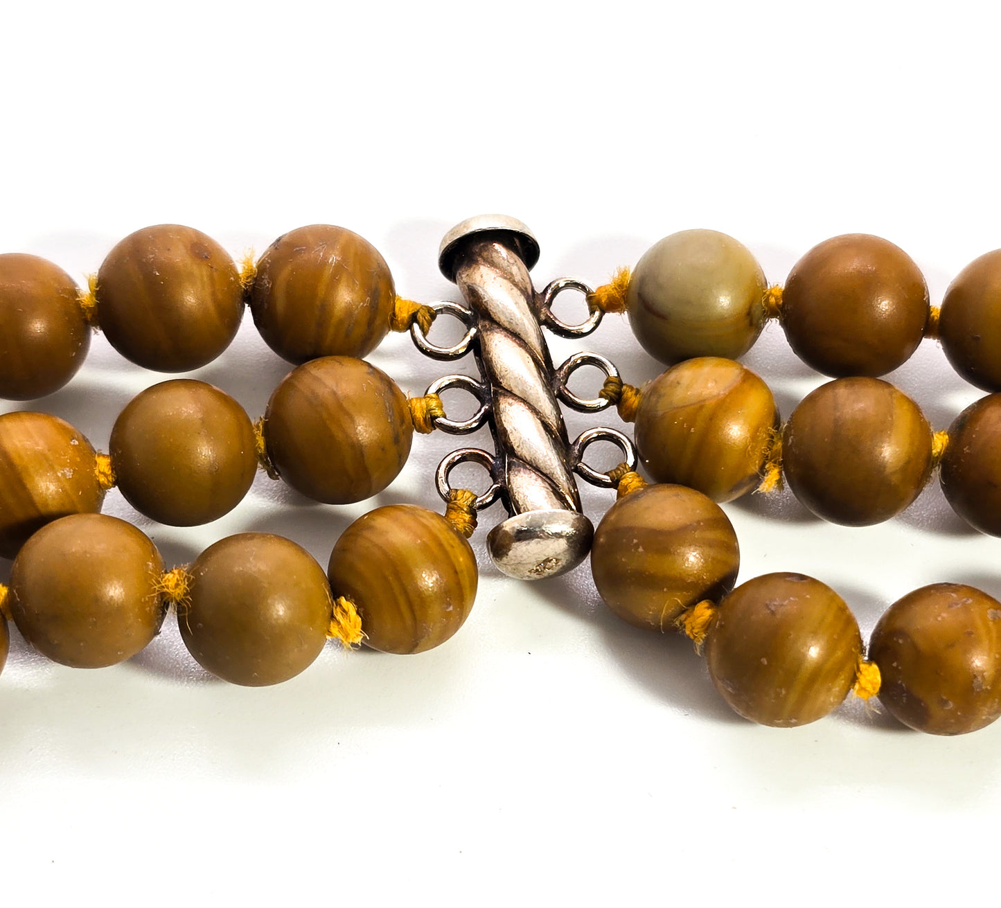 Petrified wood jasper beaded graduated three strand sterling silver necklace