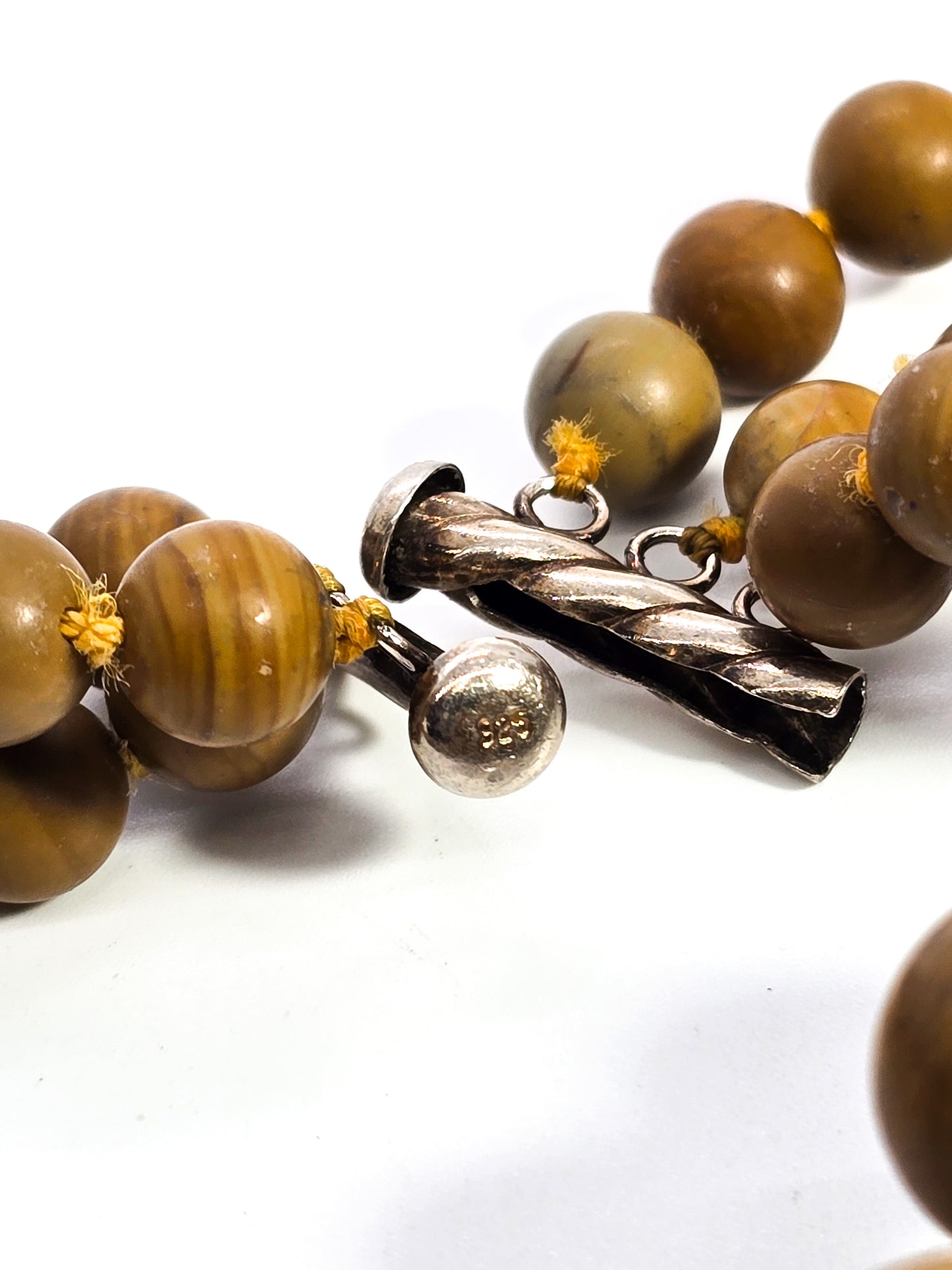 Petrified wood jasper beaded graduated three strand sterling silver necklace