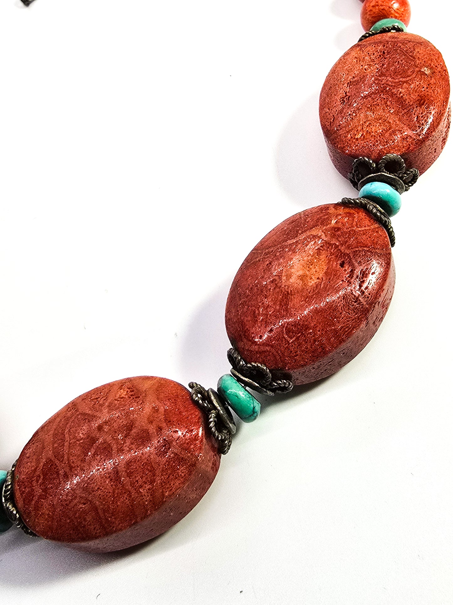 Red Sponge coral and turquoise sterling silver beaded gemstone necklace