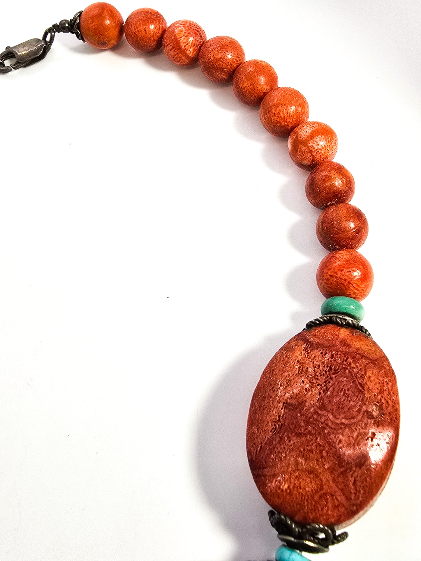 Red Sponge coral and turquoise sterling silver beaded gemstone necklace