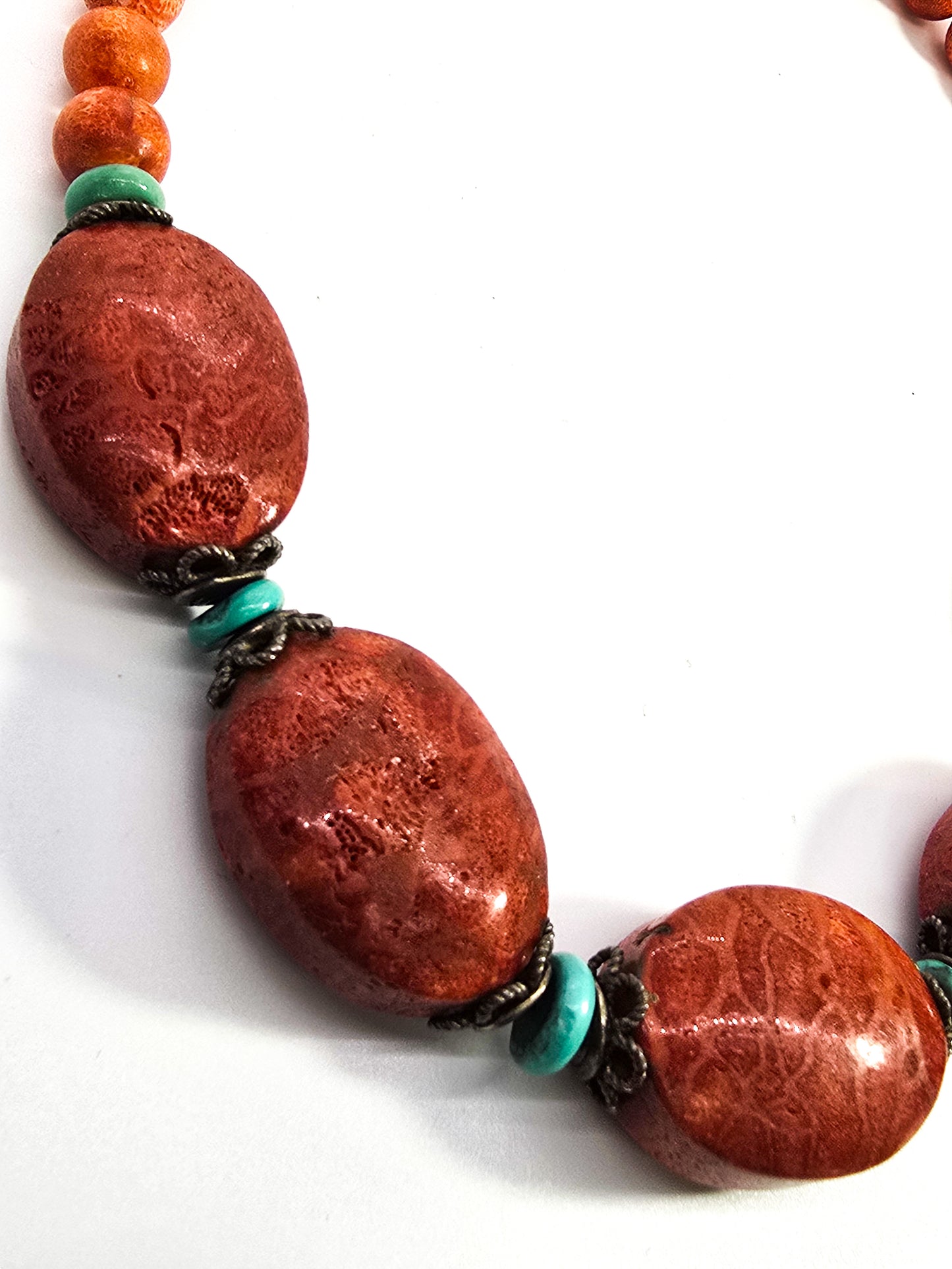 Red Sponge coral and turquoise sterling silver beaded gemstone necklace