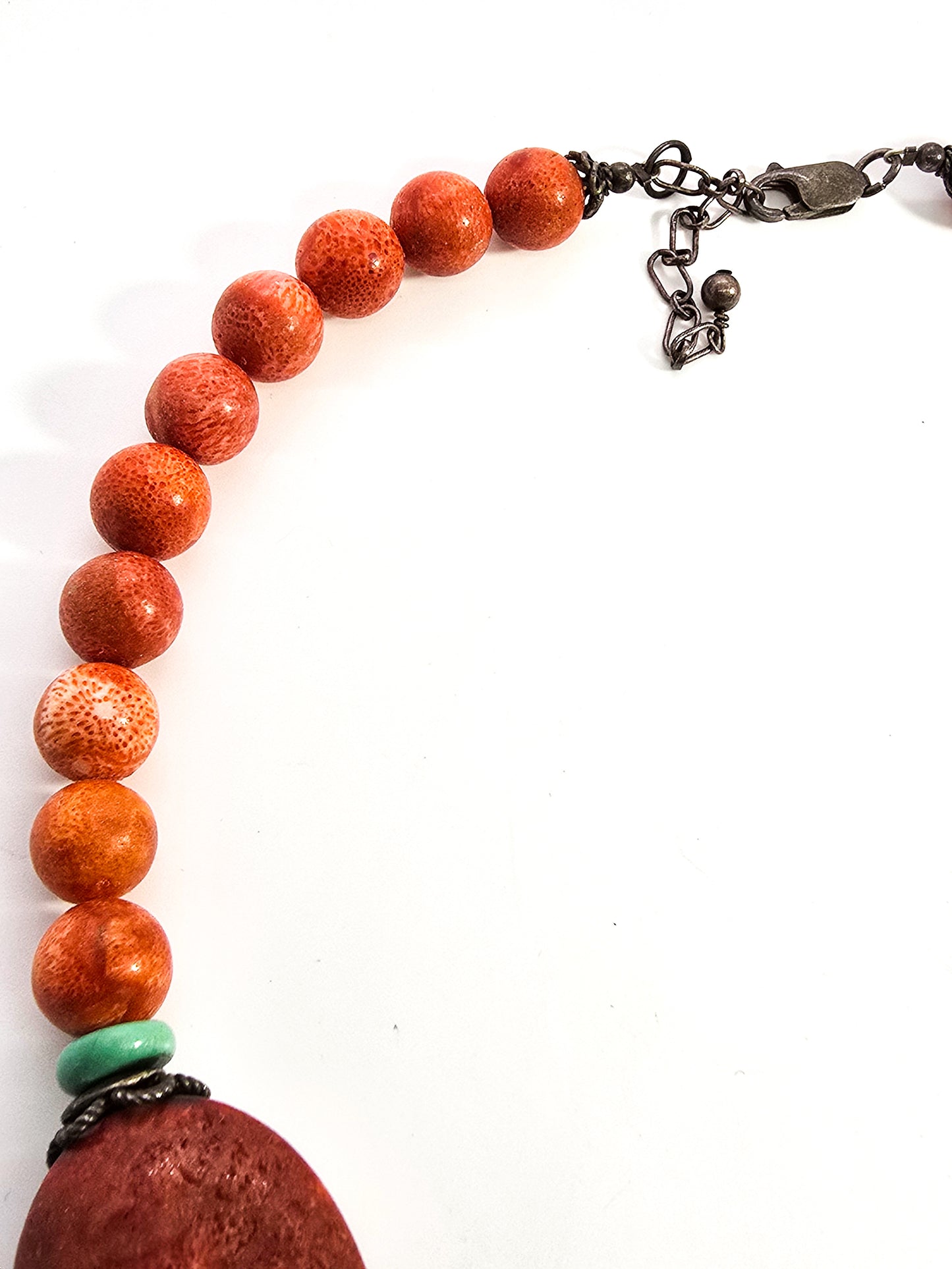 Red Sponge coral and turquoise sterling silver beaded gemstone necklace