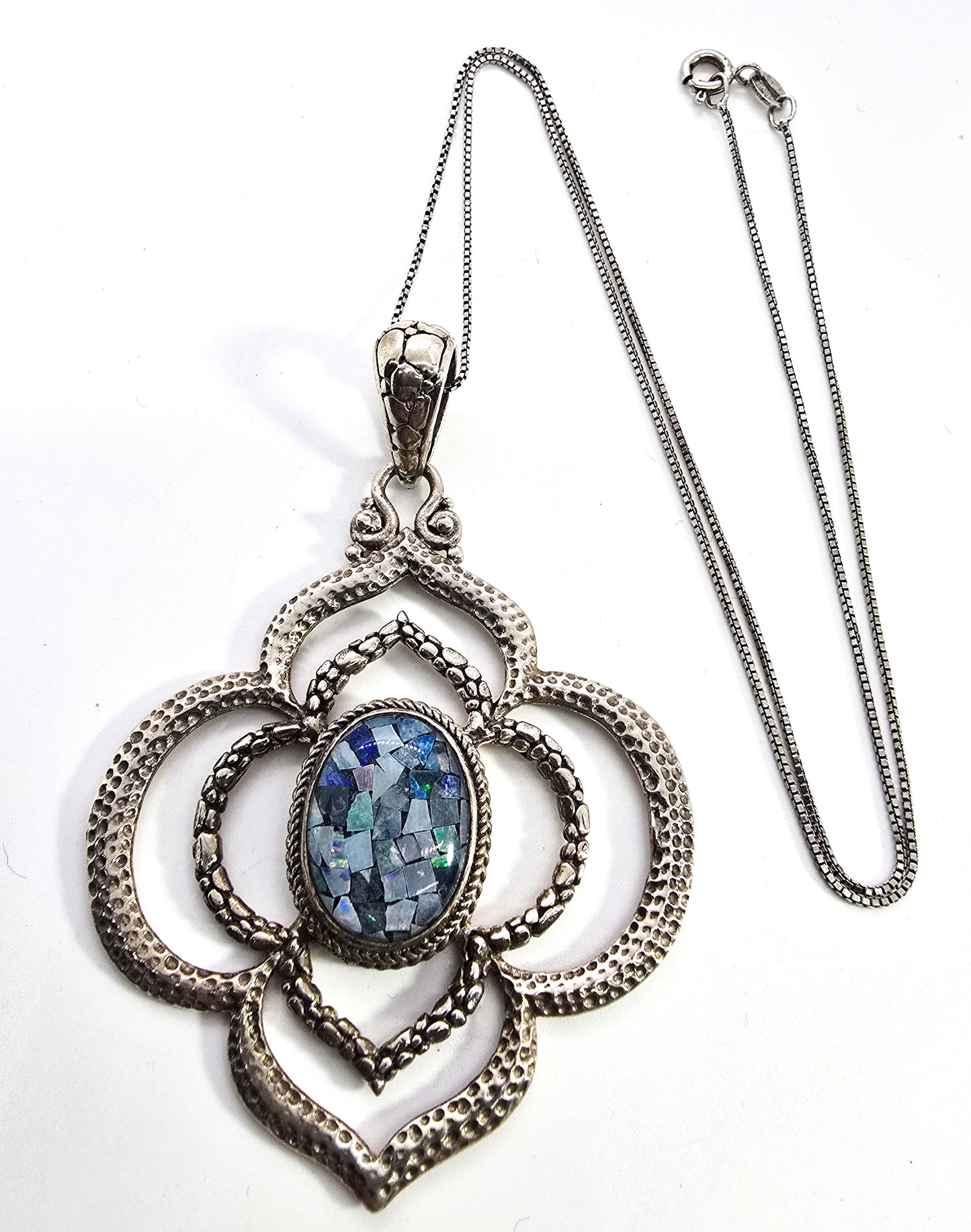 Sarda Balinese pebble inlay blue fire opal mosaic sterling silver signed pendant necklace