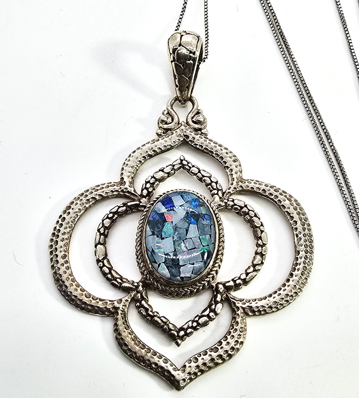 Sarda Balinese pebble inlay blue fire opal mosaic sterling silver signed pendant necklace