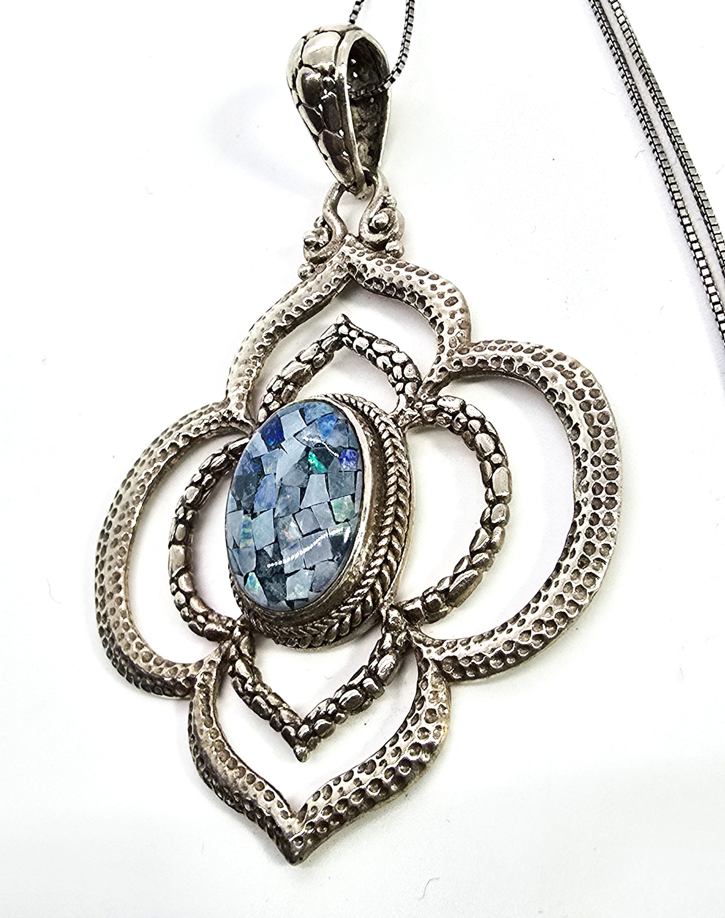 Sarda Balinese pebble inlay blue fire opal mosaic sterling silver signed pendant necklace