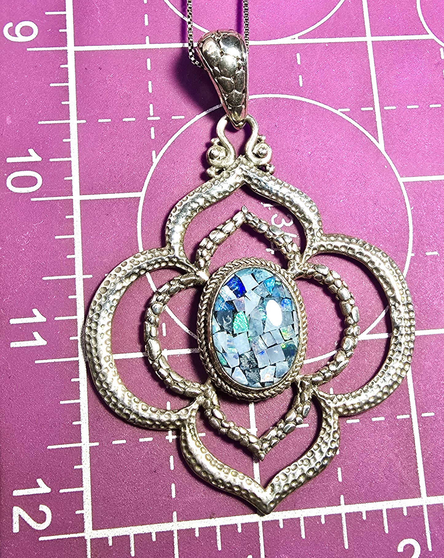 Sarda Balinese pebble inlay blue fire opal mosaic sterling silver signed pendant necklace