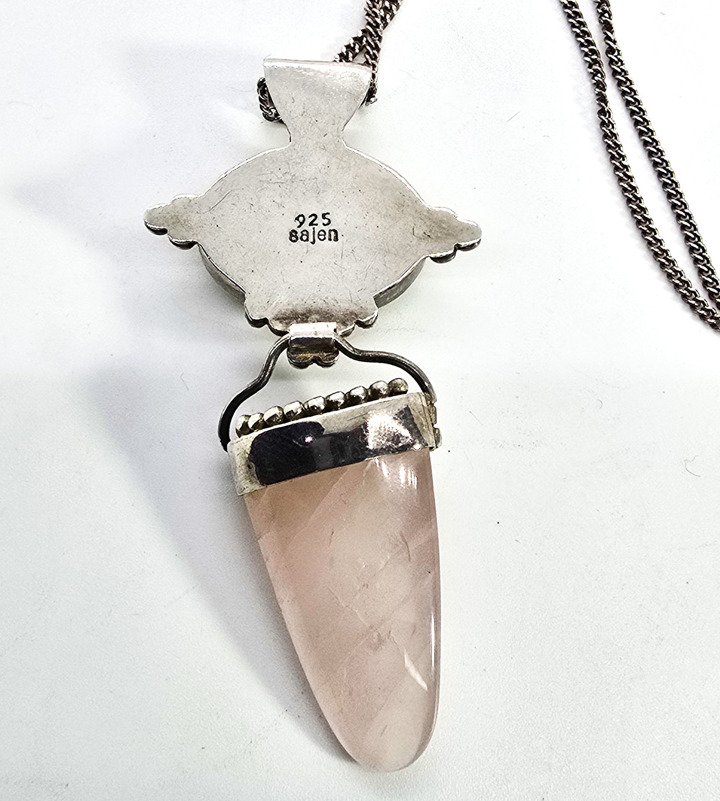 Sajen green Unakite pink rose quartz tribal Bali sterling silver pendant necklace