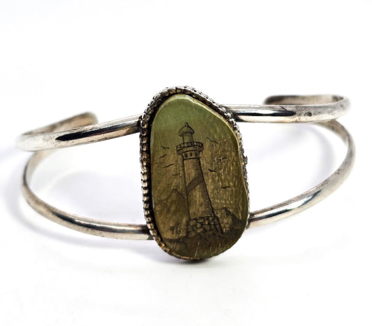 Lighthouse signed scrimshaw vintage sterling silver bangle bracelet