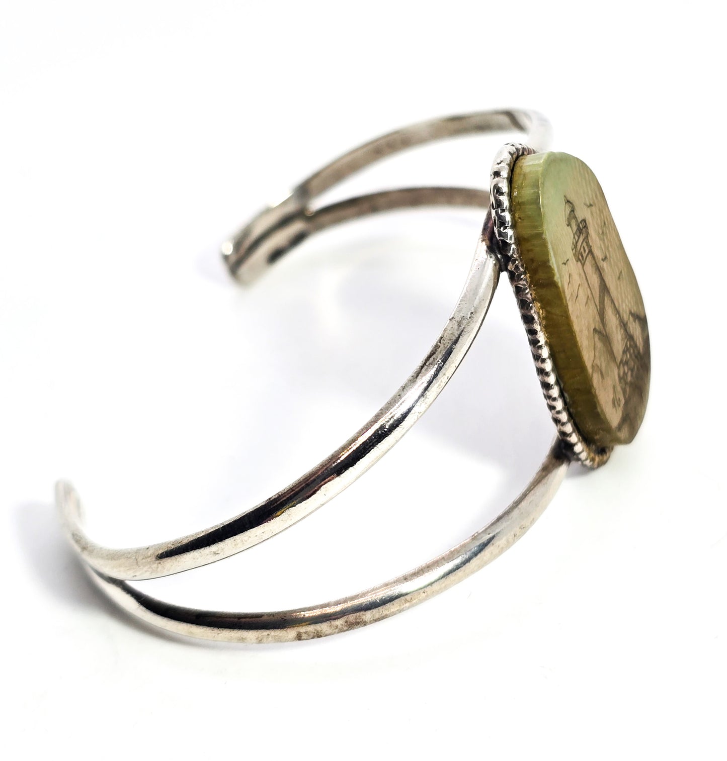 Lighthouse signed scrimshaw vintage sterling silver bangle bracelet