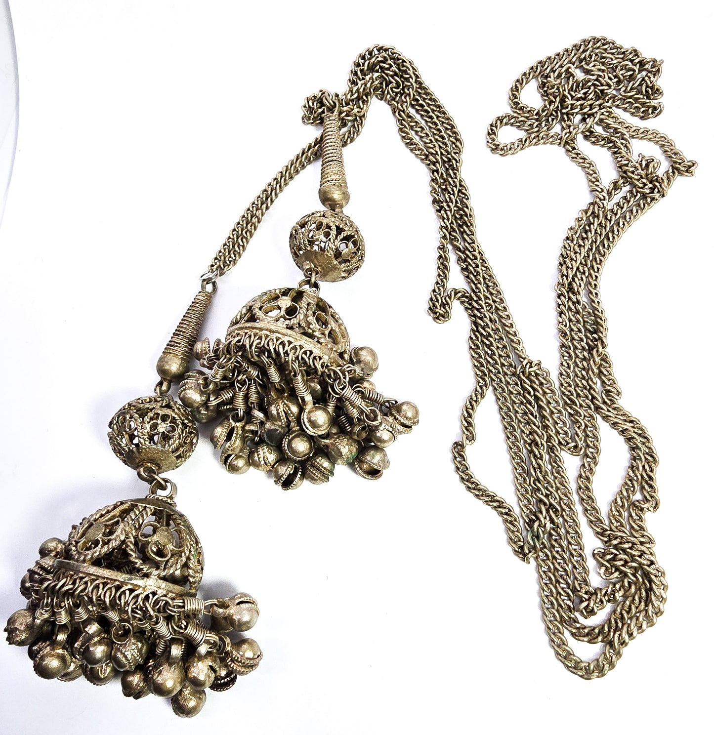 Ethnic Kuchi vintage Indian Jhumka Dangle Necklace in Silver Metal