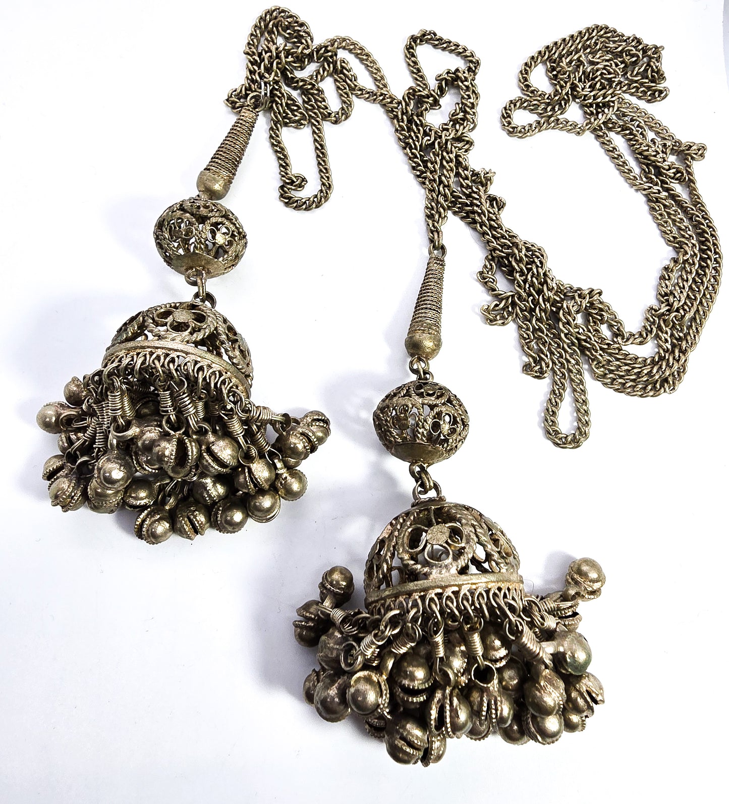 Ethnic Kuchi vintage Indian Jhumka Dangle Necklace in Silver Metal