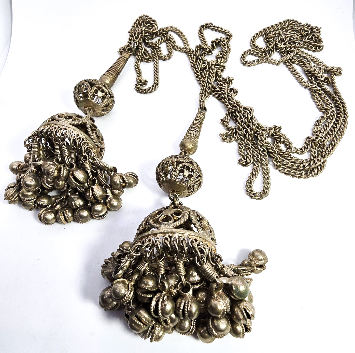 Ethnic Kuchi vintage Indian Jhumka Dangle Necklace in Silver Metal