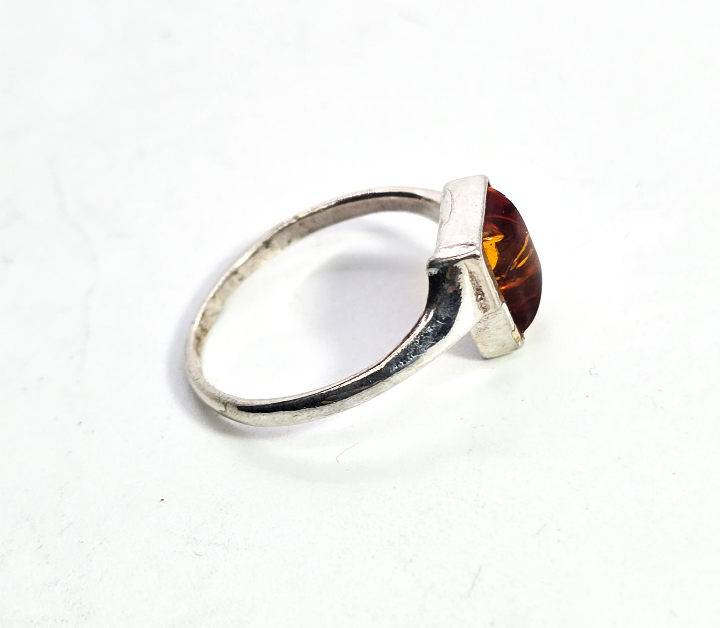 Orange amber modernist sterling silver ring size 7 and 1/2