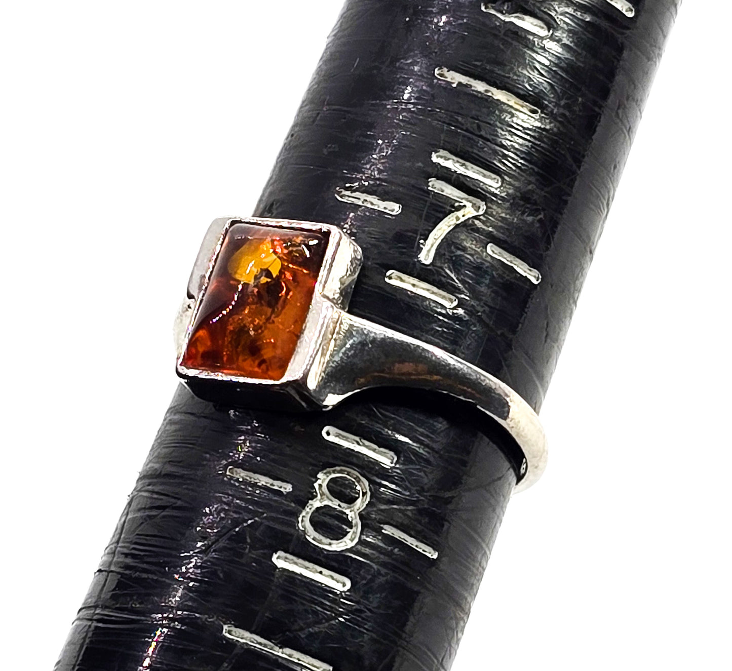 Orange amber modernist sterling silver ring size 7 and 1/2