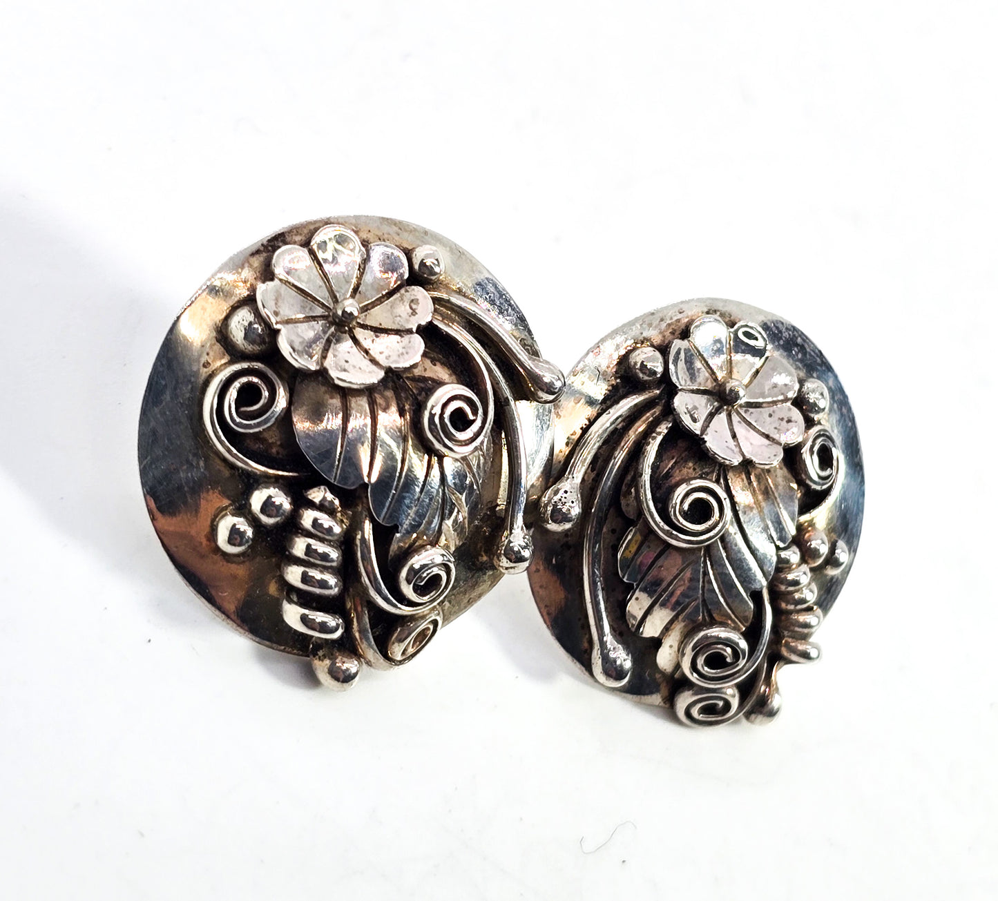 Dawn Lucas DL Hopi flower feather retro vintage sterling silver concho stud earrings