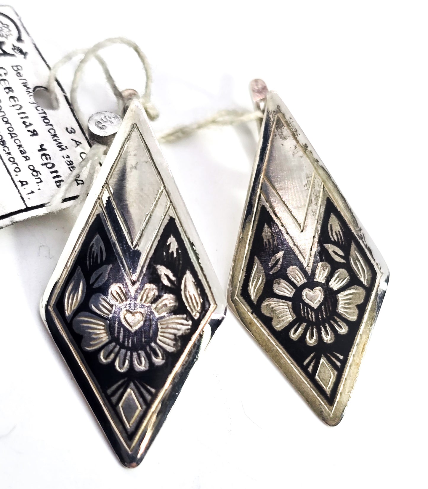 Russian Black Nielloware enamel flower vintage sterling silver lever back earrings NWT