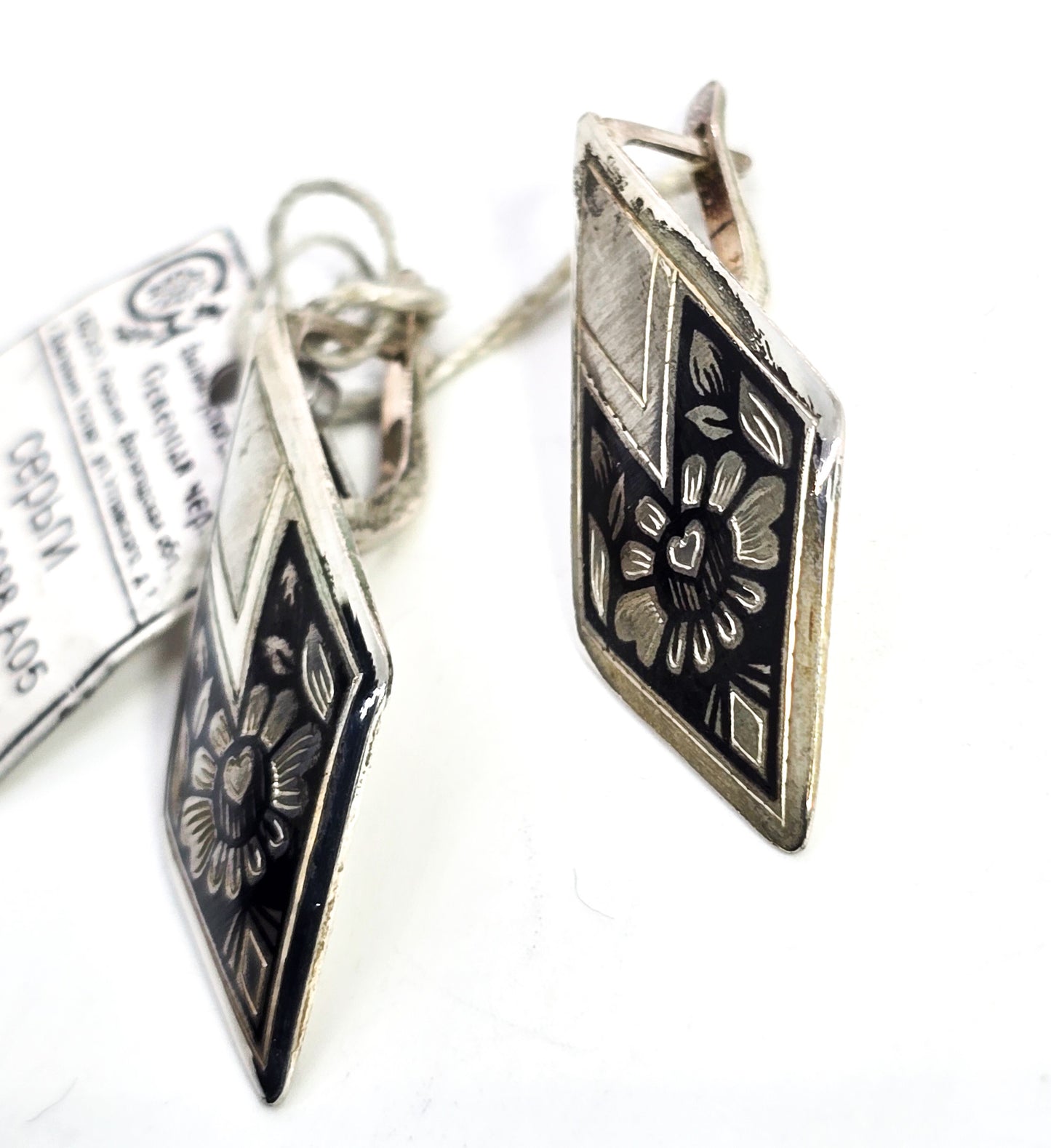 Russian Black Nielloware enamel flower vintage sterling silver lever back earrings NWT