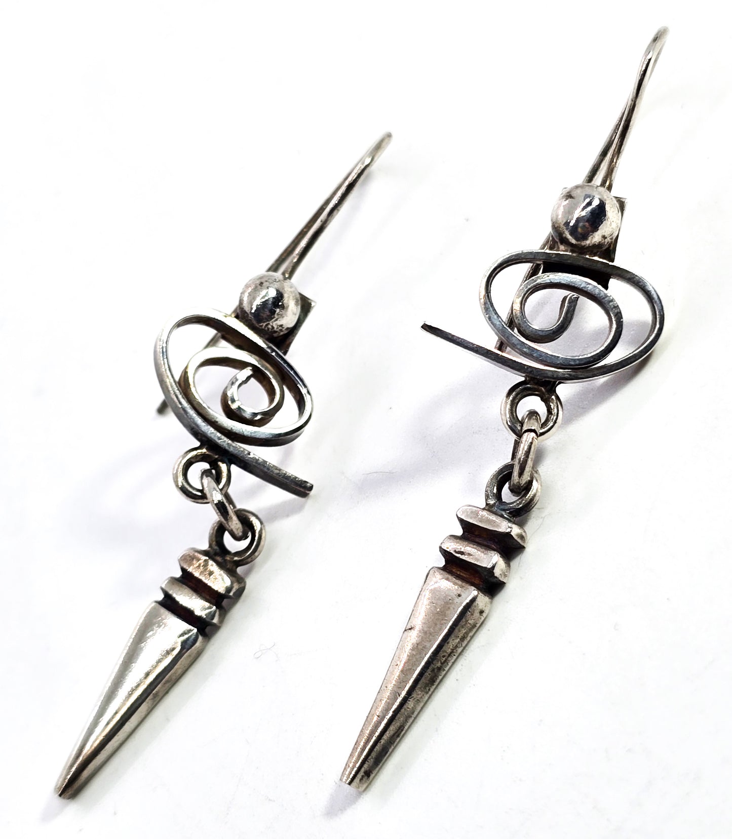 Whimsy spiral long drop 2.75 inch retro sterling silver hook vintage earrings