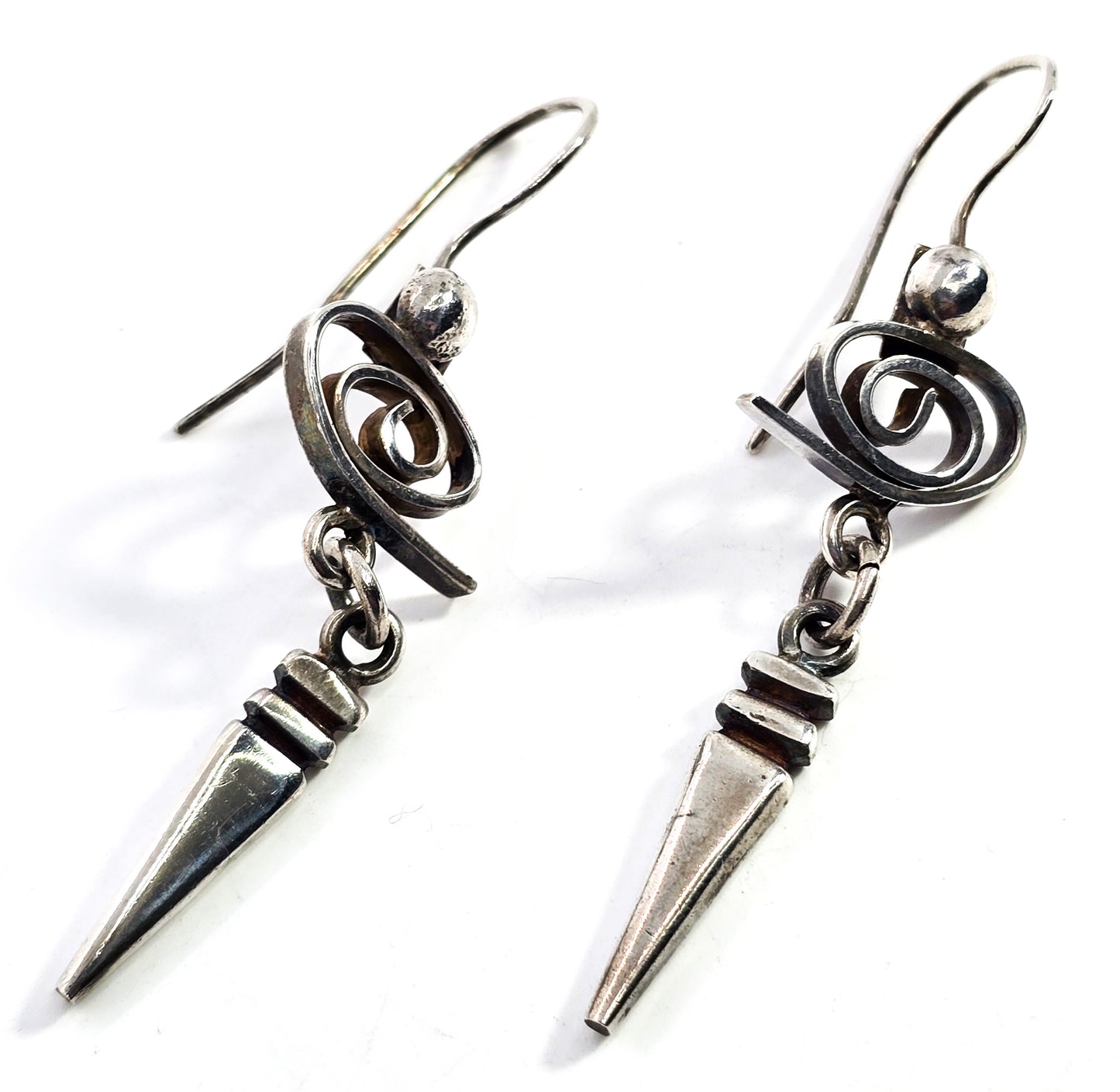 Whimsy spiral long drop 2.75 inch retro sterling silver hook vintage earrings